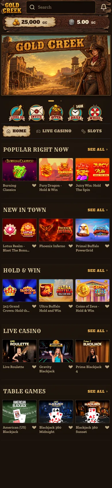 Gold Creek home screen